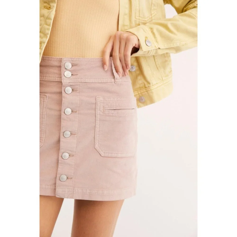 NEW Free People Joanie Cord Skirt Pink Ice Buttons Corduroy Vintage Retro Mini